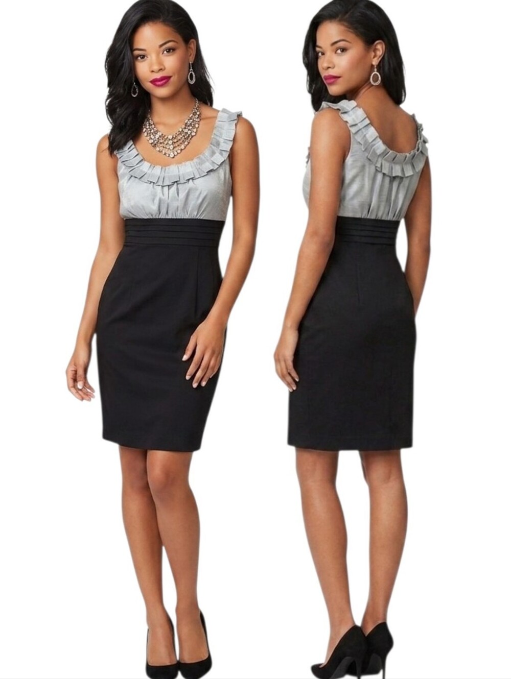 JESSICA HOWARD Silver & Black Ruffle Trimmed Sheath Cocktail Dress - Size 12
